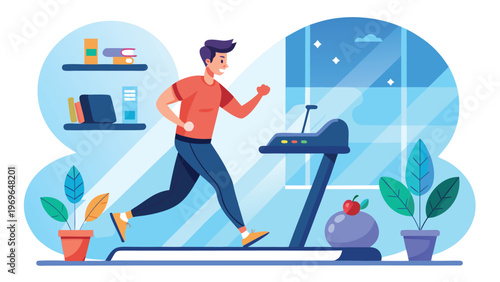 Man runs on treadmill in a bright room with plants and books during daytime