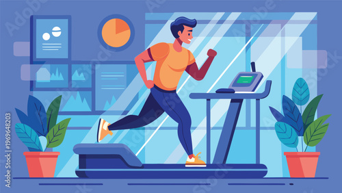 Runner exercises on treadmill in gym with plants and windows during daytime for fitness routine and health focus