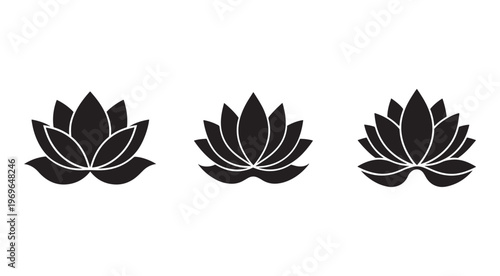 Black lotus flower icons in different angles on white background  simple design