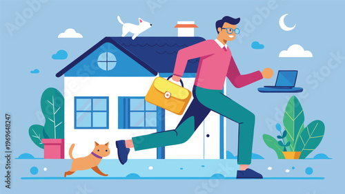 Man runs with a laptop and briefcase while dog follows near a house on a sunny day