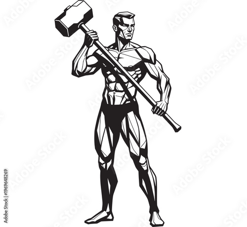 Man muscular stylized with a large sledgehammer on white background, powerful stance featuring bodybuilder, fitness, exercise with training and