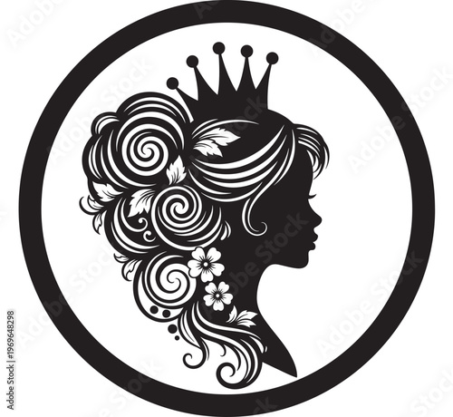 Silhouette of a woman with a crown and elaborate hairstyle with floral elements, enclosed in a black circle.