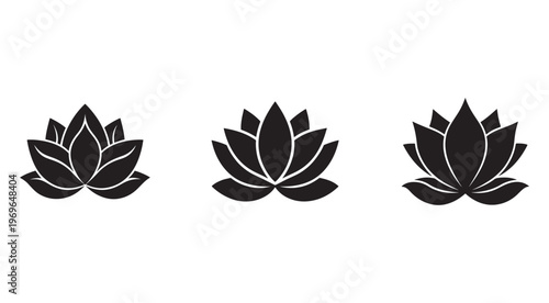 Black lotus flower icons set with white lines on white background