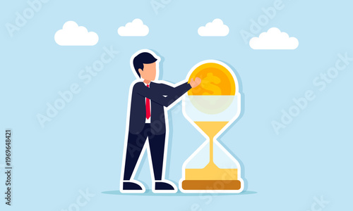 Businessman putting dollar coin into hourglass illustration of investing time and money for business project growth and long term strategy