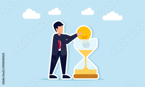 Businessman putting light bulb into hourglass illustration of investing creative ideas for business project development and innovation strategy