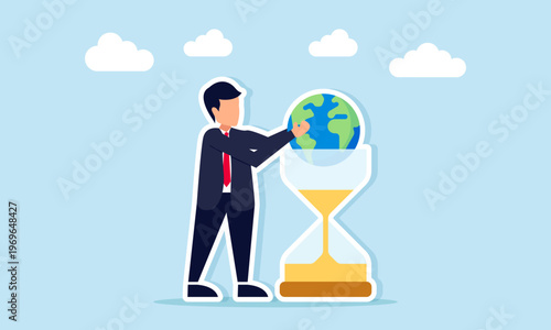 Businessman putting globe into hourglass illustration of time required for exploration business planning and global resource management
