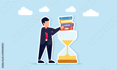 Businessman putting stack of books into hourglass illustration of investing knowledge and learning for business project development and long term success