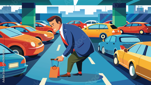 Man in suit picking up bag in busy parking lot with colorful cars around him during daytime hours in a city setting