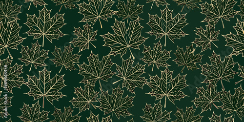 Elegant seamless pattern featuring golden maple leaves on a dark green background