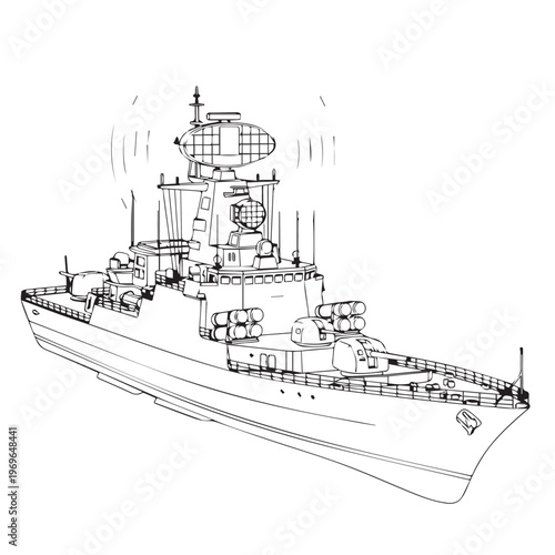Detailed pencil sketch of a modern naval destroyer with radar and antennas at sea.