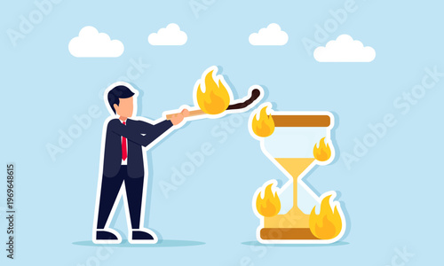 Businessman burning hourglass with a match illustration of deadline pressure urgency and time running out in business tasks