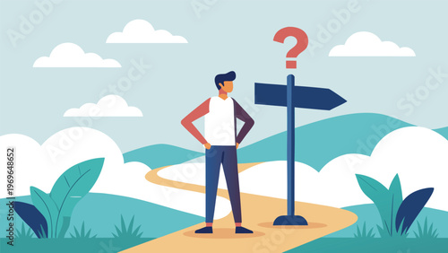 Person stands at a crossroads looking at a question mark sign in a hilly landscape during daytime