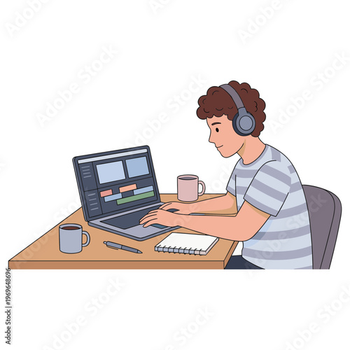 A young man wearing headphones works on a laptop at a desk with a notebook and coffee cups.
