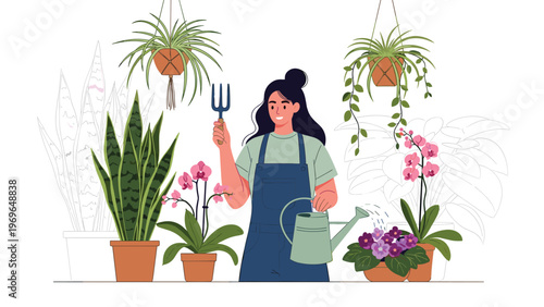 Passionate gardener tending to a variety of lush indoor plants and flowers with a watering can and a garden fork in a bright workspace.