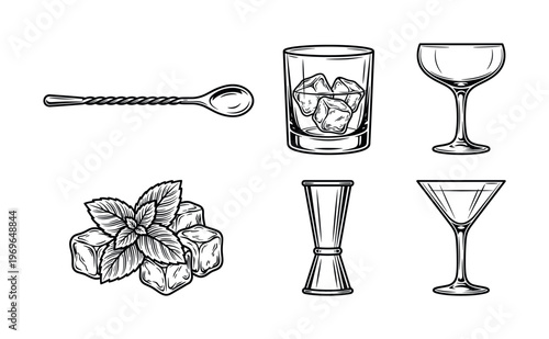 Vintage monochrome vector set of bartender tools and cocktail glasses. For bar menu, logo, or pub branding design. Classic engraving art style.