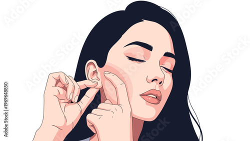 Close-up of a young woman looking in the mirror while squeezing a pimple on her cheek as part of her daily skin care routine at home.