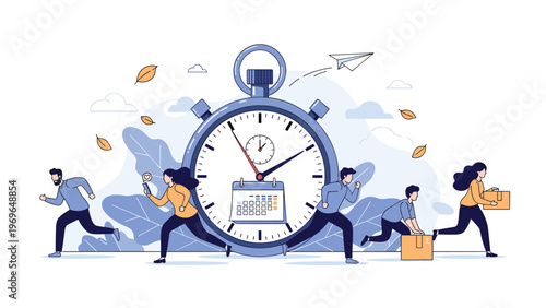 Busy people running in different directions around a giant stopwatch representing deadlines, time management, and the fast pace of work.