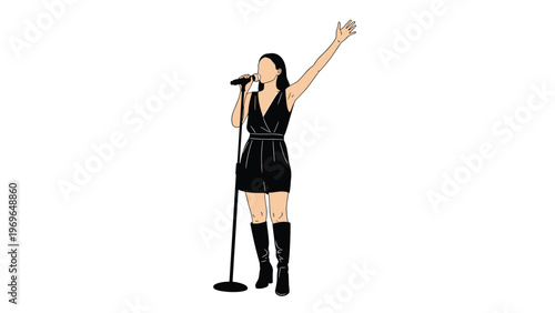 Professional female singer performing on stage with a microphone and her arm raised during a concert or musical event for an audience.