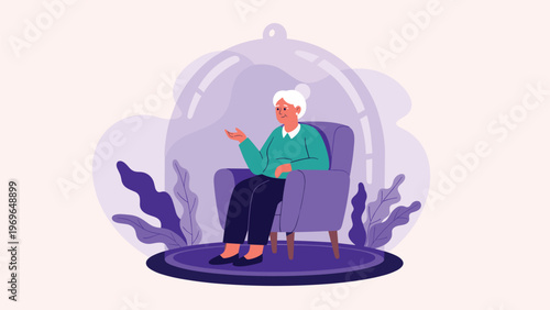 Elderly woman sitting in a comfortable armchair protected inside a transparent glass bubble to represent isolation, safety, or health.