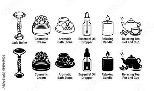 A set of spa and wellness vector icons. Includes jade roller, cosmetic cream, stones, essential oil. Perfect for beauty, relaxation, and self-care themes. Two styles: line and solid glyph.