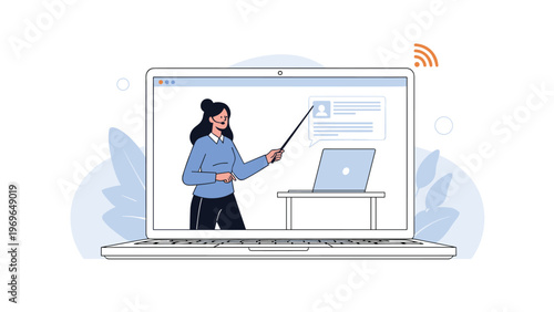 Online education concept with a female teacher giving a lecture and pointing to a slide on a laptop screen for remote learning students.