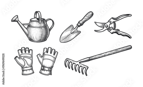 A set of vintage garden tools including watering can, trowel, rake, and gloves. Hand-drawn vector illustration in an engraving style, perfect for rustic or organic branding.