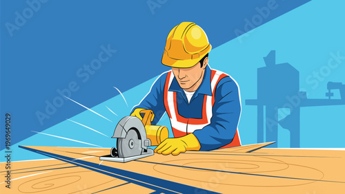 Focused construction worker in a safety helmet and vest using a circular saw to cut wood at a professional building site.