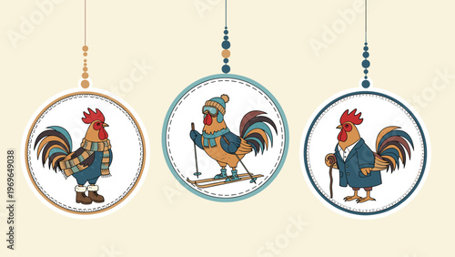 Decorative set of three Christmas ornaments featuring stylish roosters dressed in winter clothes, skiing, and wearing a coat.