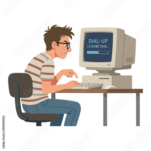 Man sitting at desk typing on keyboard with old computer