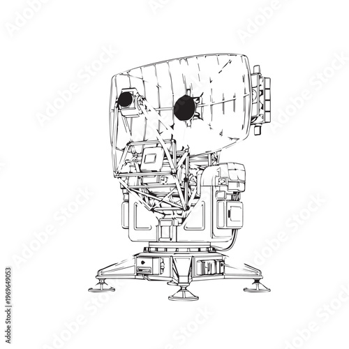 Sketch-like illustration of a lunar lander and rover spacecraft with legs and antennas.