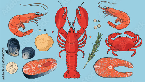Assortment of fresh seafood including a whole lobster, a crab, shrimp, mussels, and salmon steaks arranged on a light blue background.