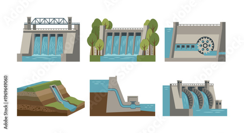 Set of hydroelectric dam icons. Illustrations of a hydro power plant, water reservoir, and renewable energy generation. Vector for infographics or educational concepts.