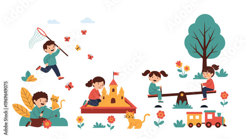Happy group of children playing together in a park with a sandbox, seesaw, and catching butterflies on a sunny day in the neighborhood.