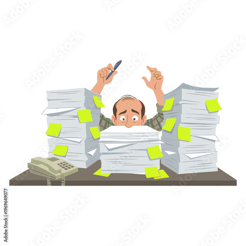 Man overwhelmed by stacks of paperwork at office desk with phone