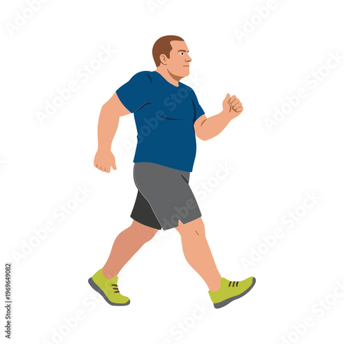 A man wearing a blue shirt and gray shorts is running quickly outdoors.