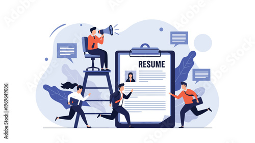 Determined office workers racing towards a giant resume clipboard while a recruiter watches through a megaphone.