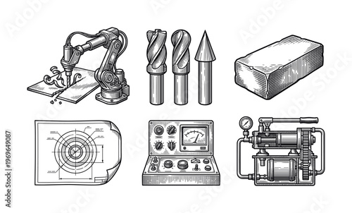 Set of industrial icons in a vintage engraving style. Includes robotic arm, machinery, tools, and blueprints. Perfect for manufacturing or engineering themes. Vector illustration.