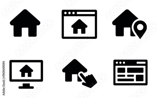 Black house icons representing different aspects of home and real estate, simple silhouette style, realty concept graphics