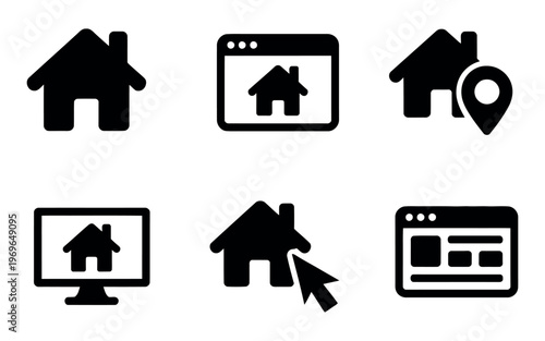 Collection of six black house icons representing different aspects of home and real estate, minimal vector design, modern property symbols
