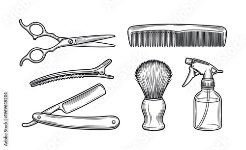 A vintage style vector set of professional barber and hairdresser tools. Hand drawn illustration of scissors, razor, comb for salon branding, icons, and men's grooming design.