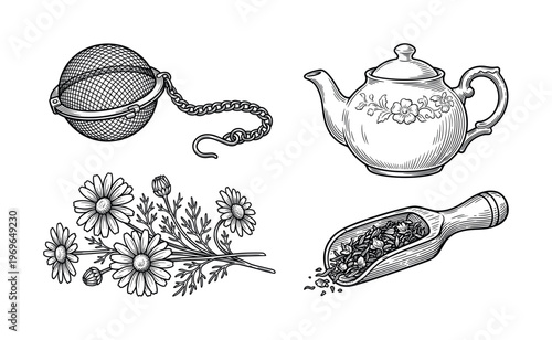 A hand-drawn vector set of tea ceremony icons in a vintage engraving style. Featuring a teapot, chamomile flowers, loose tea scoop, and a classic infuser.