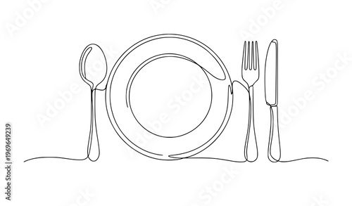 Tableware One Line Art Plate Spoon Fork Knife Vector