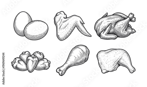 A set of chicken meat parts and eggs. Includes whole chicken, leg, wing, and nuggets. Vintage black and white engraving style for menus, packaging, or butcher shop designs.