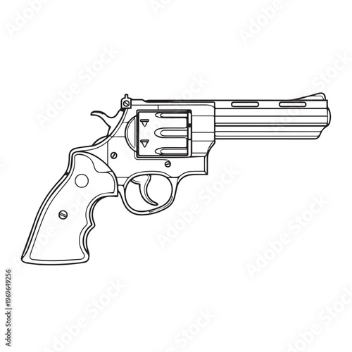 Illustration of a classic revolver handgun shown in side profile with cylinder and grip.
