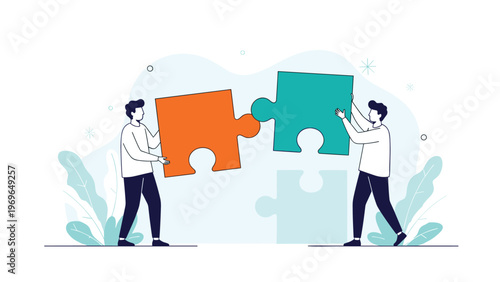 Collaborative team connecting two large colorful puzzle pieces to find a smart business solution against a blue background.