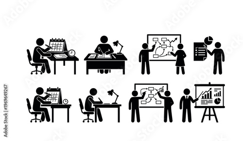 A set of stick figure icons showing business people in office situations. Includes planning, writing, presentation, and teamwork. Perfect for corporate infographics and reports.