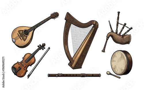 Set of traditional Irish folk music instruments. Vector illustration of Celtic harp, fiddle, bagpipes, bodhran, flute, and mandolin for festivals and cultural events.