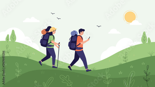 Active couple with backpacks hiking through green hills under a bright sun and flying birds in a beautiful mountain landscape.