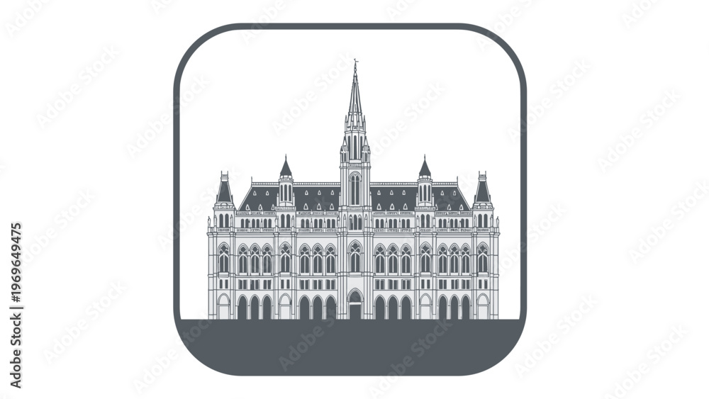 Fototapeta premium Minimalist architectural illustration of vienna city hall building in austria featured within a rounded frame icon.