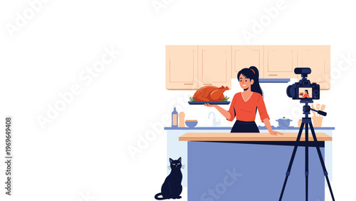 Female food blogger recording video tutorial in kitchen while showing roasted turkey on camera for social media.